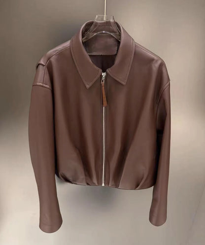 Natural Leather jacket For Women Lambskin Bomber Biker Jacket Long Sleeves 100% Sheepskin Leather Coat  Folded Short Tops Woman