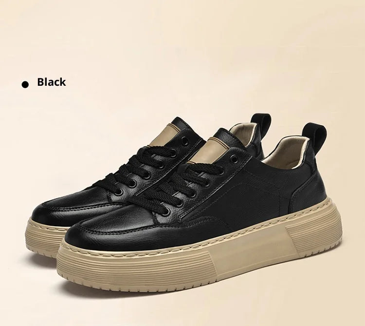 Genuine Leather Men's Casual Shoes, Thick-soled, Anti-slip, Wear-resistant, Height-increasing, Street Fashion, Retro Board Shoes
