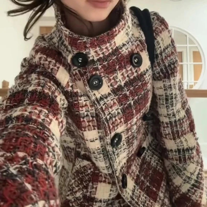 Autumn Winter Chic Coat Warm Checkered Turtleneck Shoulder Straight Coat Women Double Breasted Full Sleeve Middle Long Coat Lady