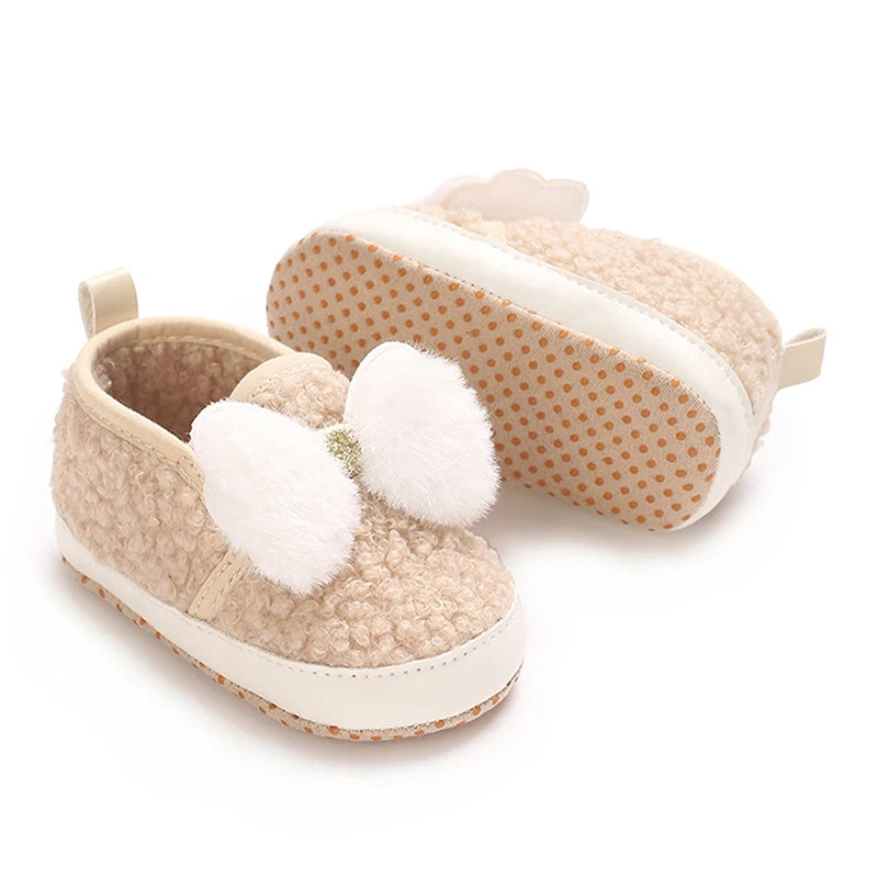 Cute Toddler Winter Boots Warm Plush Snow Booties Slip-on Soft Sole Shoes for Baby Girls with Bow Decoration and Anti-Skid