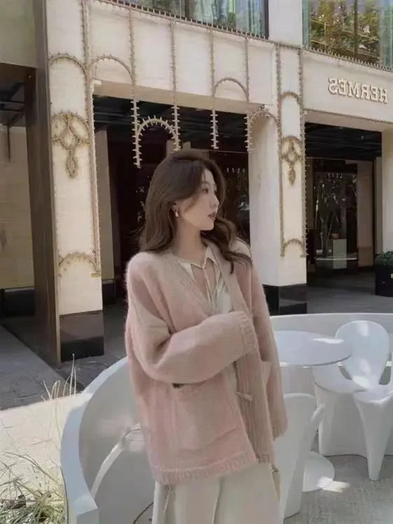 Ladies Sweaters Winter Button Knitted Top for Women White Cardigan 2025 New Collection Jumper Long Sleeve Knitwear Korean Luxury