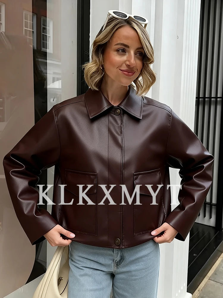 Women's Leather Jacket 2025 Autumn Winter New Fashion Women Long Sleeve Zipper Jackets Women High Street Elegant Short Coats