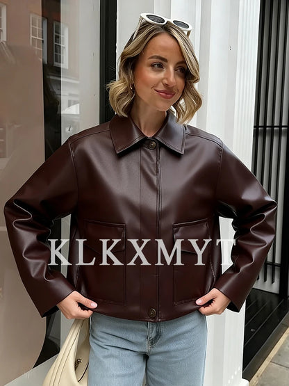 Women's Leather Jacket 2025 Autumn Winter New Fashion Women Long Sleeve Zipper Jackets Women High Street Elegant Short Coats