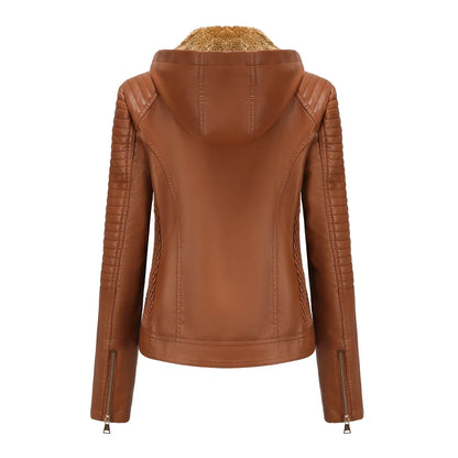 Faux Leather Women Coat Hooded Full Sleeve Slim Fit Solid Sexy Regular Jackets Zipper Casual Splice Coats Thick Warm Jacket