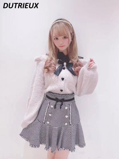 Sweet Lolita Winter Clothes Women Off Shoulder Sweater Pullover Student Elegant Long Sleeve Knitwear Bow Lace Waist Slim Sweater