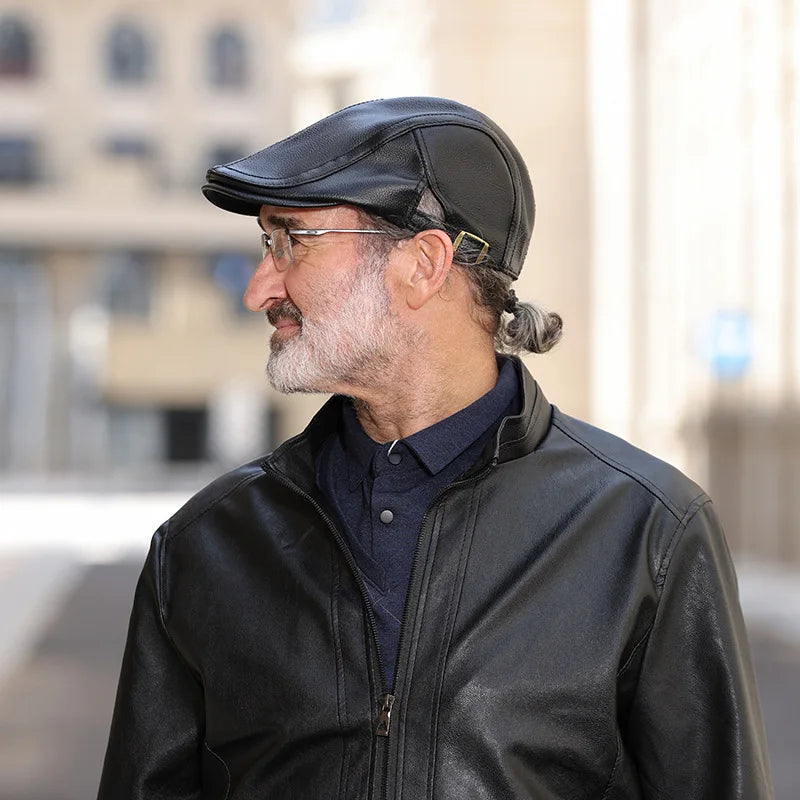 Leather Cap  Men's Imitation Sheepskin Beret  Leather Hat The Elderly Forward Hat  Artificial Leather Hat Literary and Retro