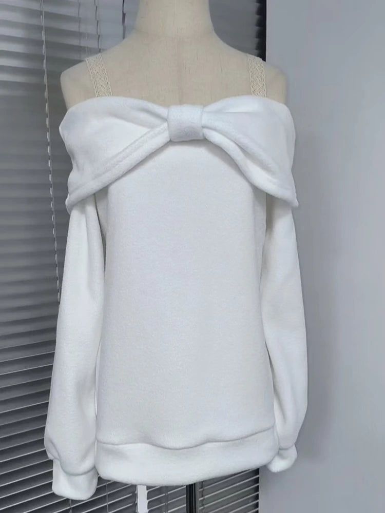 Winter Kawaii Sweet Off Shoulder Loose Sweater Women Design Warm Long Sleeve White Fashion Lovely Pullover Chic Bow Outfits New