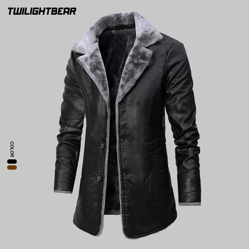Winter Men's Leather Jacket Oversized Fur Long Coats High Quality PU Leather Thicken Fleece Casual Jacket Men Clothing A2F80818