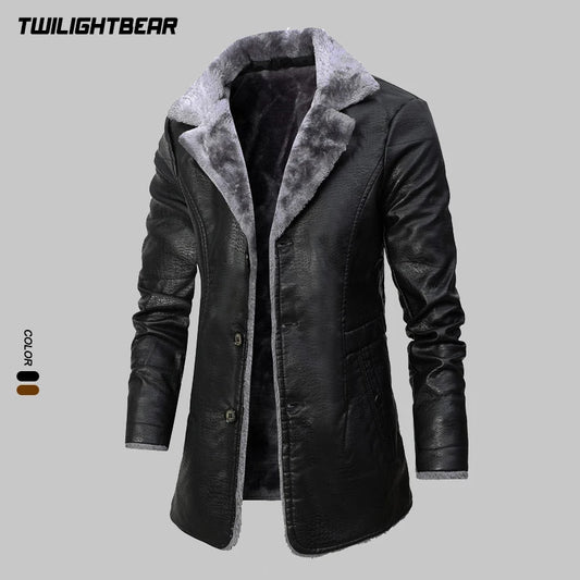Winter Men's Leather Jacket Oversized Fur Long Coats High Quality PU Leather Thicken Fleece Casual Jacket Men Clothing A2F80818