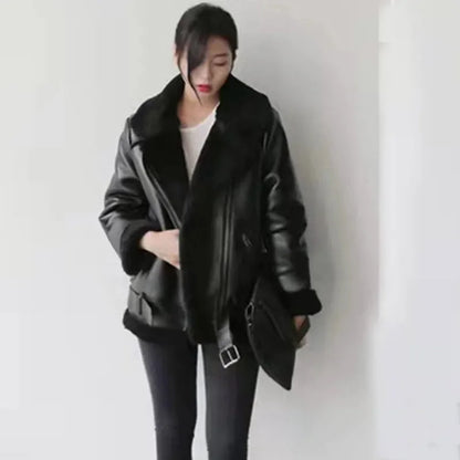 Women Leatherette Coat Female Loose Outwear Extra Thick Warm Extra Thick Lamb Wool New Autumn Winter Pu Leather Jacket