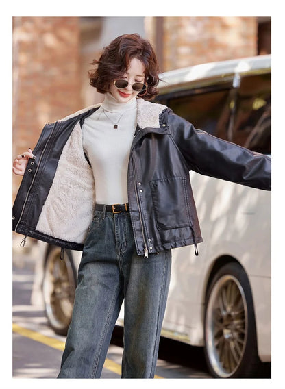2025 Winter Leather Jacket Women Add-velvet Thicken Warm Coats Loose Hooded Short Jackets Streetwear Windproof Leather Outerwear