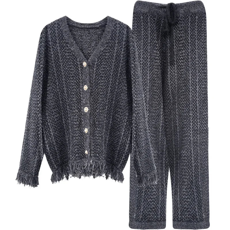 Winter Ins Sweet Tassel Cardigan Set Sleepwear Women's Winter Thick Warm Knitted Home Clothes Two Piece Set Light Blue