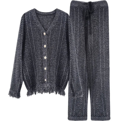 Winter Ins Sweet Tassel Cardigan Set Sleepwear Women's Winter Thick Warm Knitted Home Clothes Two Piece Set Light Blue