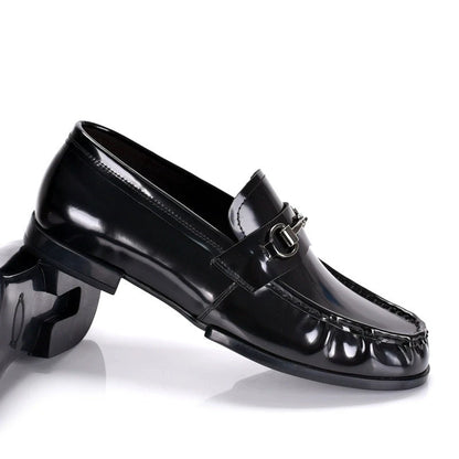 Black Genuine Leather Men's Shoes Loafers Pointed Toe British Design Horse Collar Buckle Lazy Patent Leather Dress Shoes