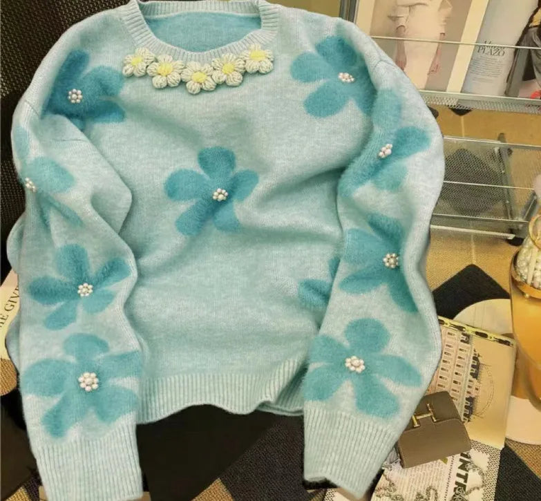 Soft Glutinous Sweater for Women in Autumn and Winter 2025 New Beaded Flowers Niche Fashion and Sweet