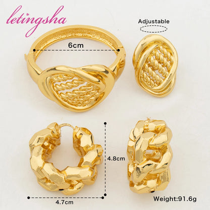 Fashion Jewelry Set for Women Large Hoop Earrings and Bangle Ring Weddings Bride Trendy Bracelet and Earrings Jewelry Set