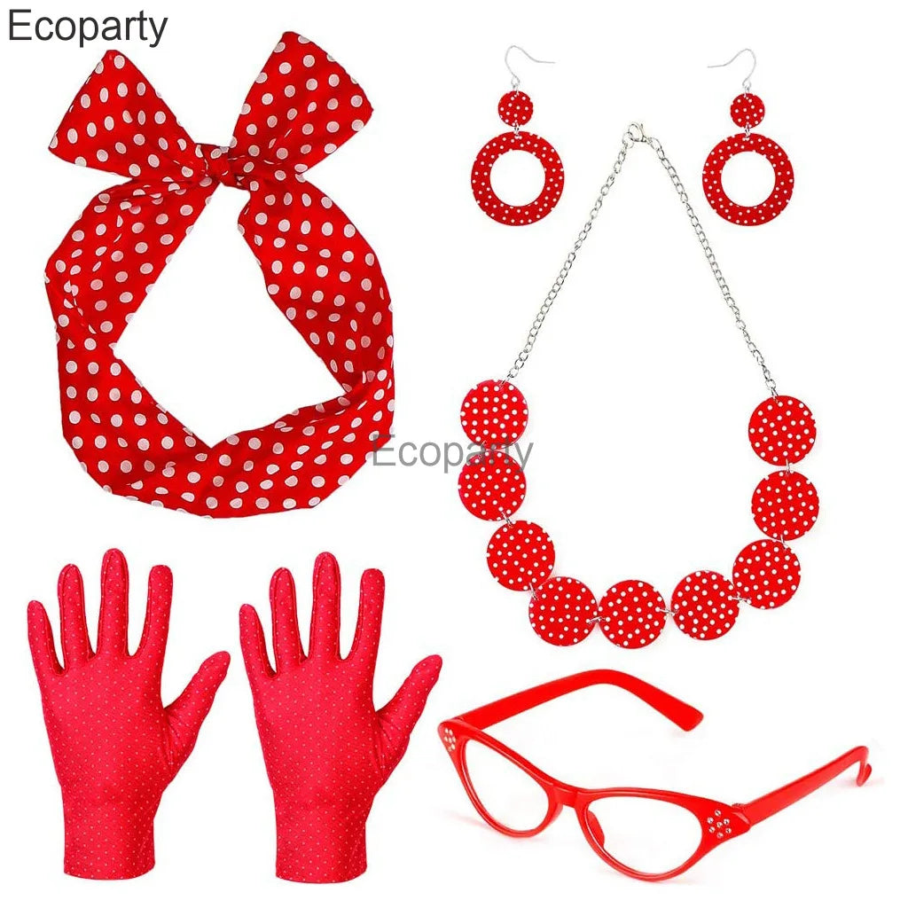 1950's Costume Accessories For Women Retro Polka Dot Headband Necklace Chiffon Scarf Eyeglasses Earrings Set Girls Party Outfits