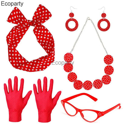 1950's Costume Accessories For Women Retro Polka Dot Headband Necklace Chiffon Scarf Eyeglasses Earrings Set Girls Party Outfits