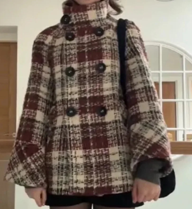 Autumn Winter Chic Coat Warm Checkered Turtleneck Shoulder Straight Coat Women Double Breasted Full Sleeve Middle Long Coat Lady