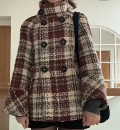 Autumn Winter Chic Coat Warm Checkered Turtleneck Shoulder Straight Coat Women Double Breasted Full Sleeve Middle Long Coat Lady