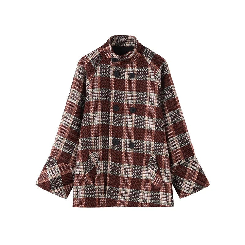 Autumn Winter Chic Coat Warm Checkered Turtleneck Shoulder Straight Coat Women Double Breasted Full Sleeve Middle Long Coat Lady