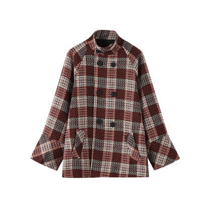 Autumn Winter Chic Coat Warm Checkered Turtleneck Shoulder Straight Coat Women Double Breasted Full Sleeve Middle Long Coat Lady