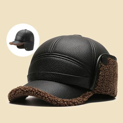 PU Leather Baseball Cap Men Winter Warm Hat Dad Grandpa Thermal Hat Thick Warm Leather Hat Old Man Ear Protection Cap