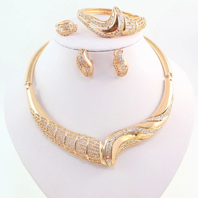 Women Jewelry Sets For Wedding Accessories African Beads Crystal Pendant Statement Dress Necklace Earrings Bracelet Ring Set