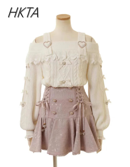 Japanese Sweet Bow Long-sleeve Knitted Pullover Sweater Autumn Winter New Off-shoulder Sexy Lolita Girls Liz Sweater Jumper Top