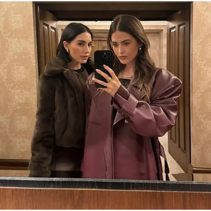 Fashion PU Leather Long Overcoats With Belt Women Luxury Lapel Button Oversize Jackets Female 2025 Autumn High Street Outerwear