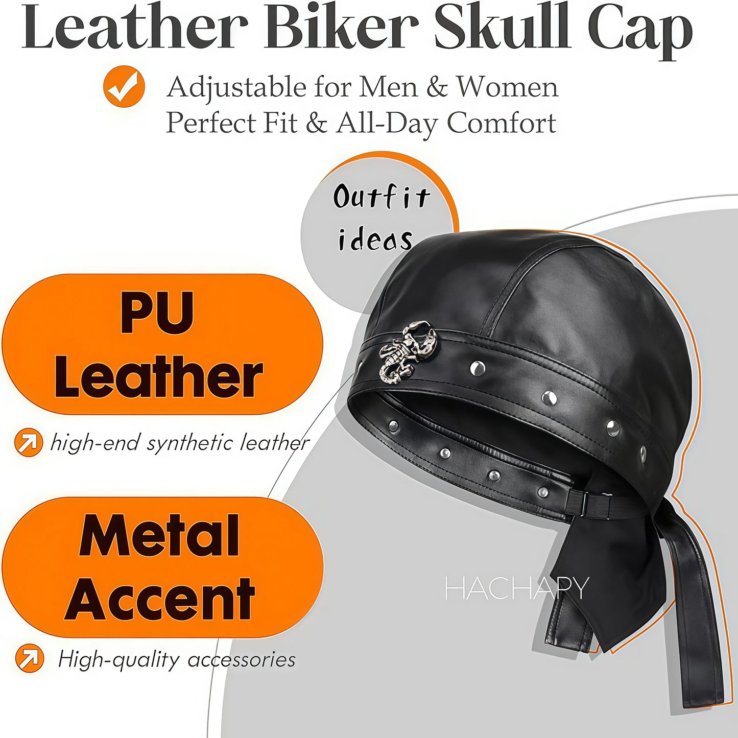 Leather motorcycle cap-adjustable motorcycle skull hat, comfortable fit, fashion motorcycle style bandana, suitable for cycling