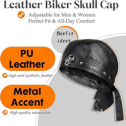 Leather motorcycle cap-adjustable motorcycle skull hat, comfortable fit, fashion motorcycle style bandana, suitable for cycling
