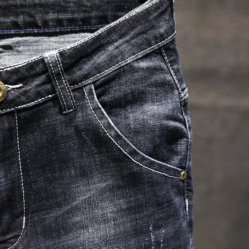 Jeans Men Long Pants Denim Pant Straight Trousers Zipper High Waist Simple Splice Casual Regular Slim Fit Sheath Autumn Winter