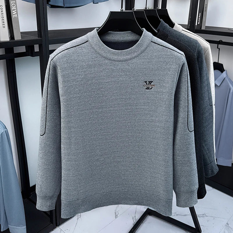 Winter 2025 Men's Sweater with Fleece and Mink Fur for Middle-aged Warmth, Integrated Fleece Base, Embroidered Round Neck Top