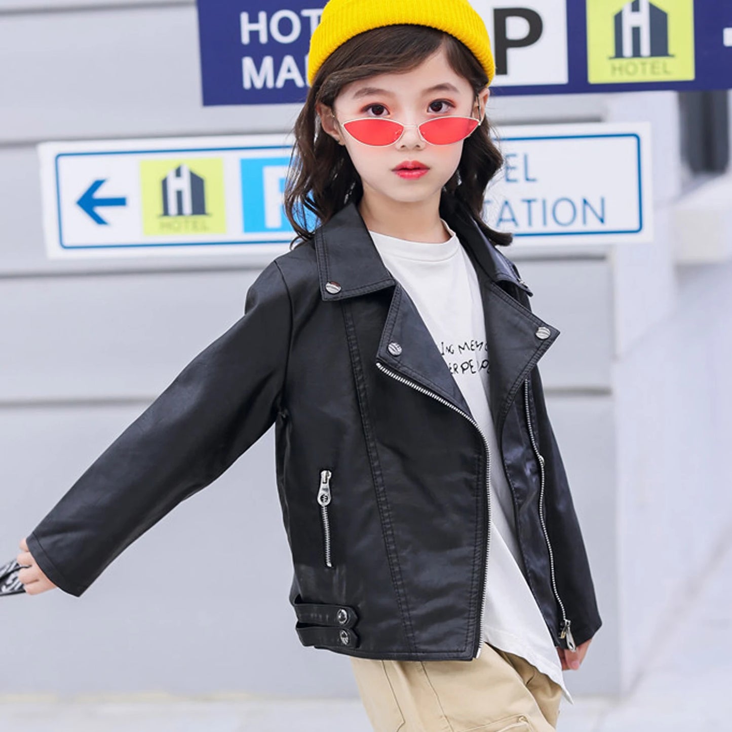 Retro Children's Leather Jacket,Boys Transition Coat,Kids PU Locomotive Wear,Faux Leather Outerwear,Girls Motorcycle Outfits