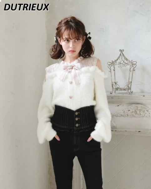 Sweet Lolita Winter Clothes Women Off Shoulder Sweater Pullover Student Elegant Long Sleeve Knitwear Bow Lace Waist Slim Sweater