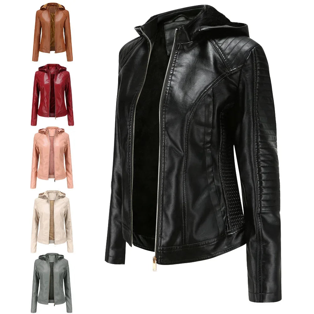Faux Leather Women Coat Hooded Full Sleeve Slim Fit Solid Sexy Regular Jackets Zipper Casual Splice Coats Thick Warm Jacket
