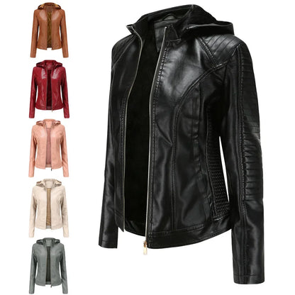 Faux Leather Women Coat Hooded Full Sleeve Slim Fit Solid Sexy Regular Jackets Zipper Casual Splice Coats Thick Warm Jacket