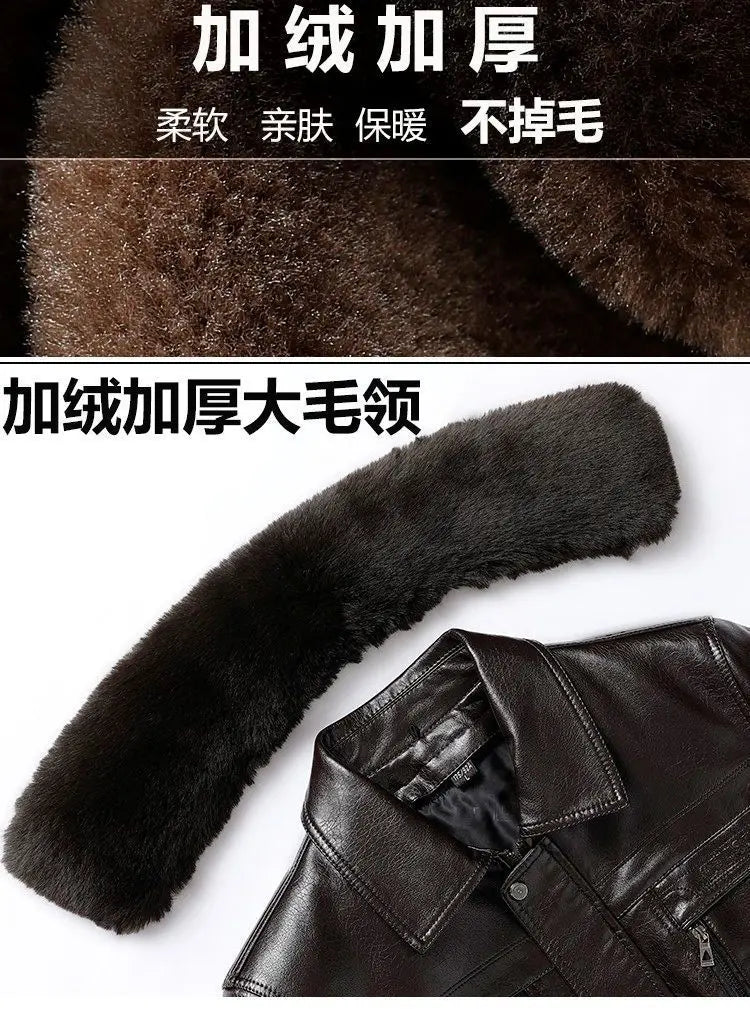 Natural Leather Jacket For Men Fur Thick Loose Plus Velvet Winter Black Leather Coats Male Sheepskin Coat Man With Fur Collar