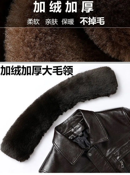 Natural Leather Jacket For Men Fur Thick Loose Plus Velvet Winter Black Leather Coats Male Sheepskin Coat Man With Fur Collar