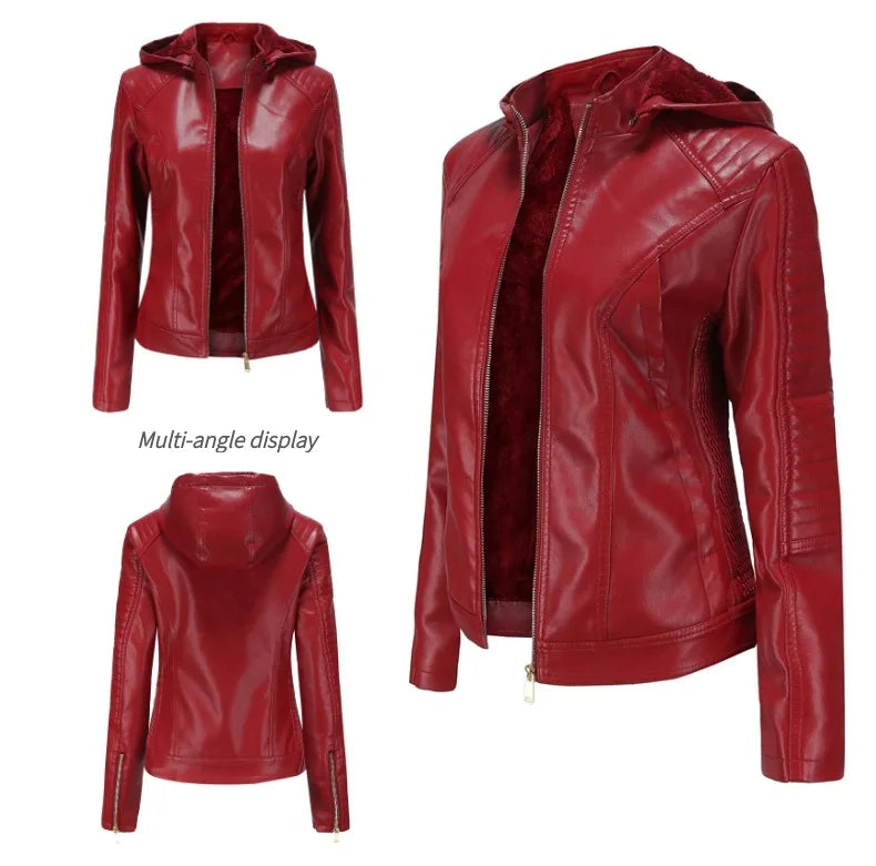 Faux Leather Women Coat Hooded Full Sleeve Slim Fit Solid Sexy Regular Jackets Zipper Casual Splice Coats Thick Warm Jacket