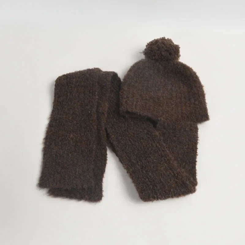 Winter Sweet Girl's Must-have - Wool Blend Beanie with Scarf and Shiny Furball
