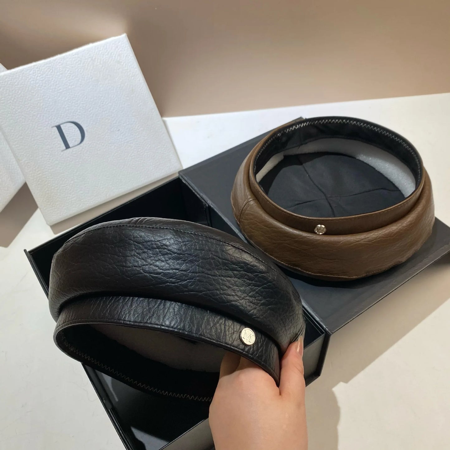 PU Leather Beret Caps Women Fashion Artist Painter Hat Letter M Female Berets Flat Top Octagonal Cap Ladies All-Match Caps