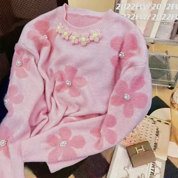 Soft Glutinous Sweater for Women in Autumn and Winter 2025 New Beaded Flowers Niche Fashion and Sweet