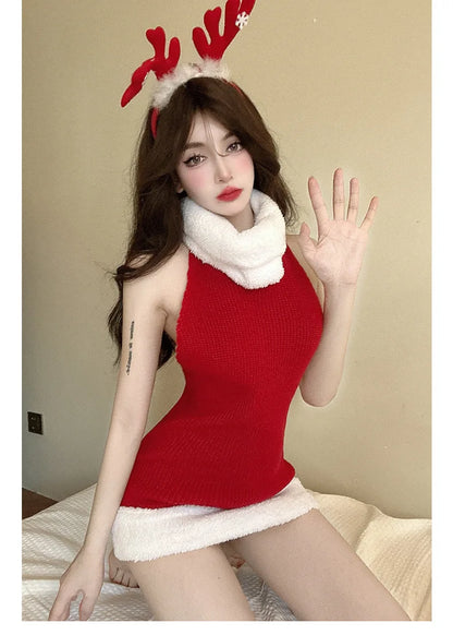 Women's Sweater Dress Christmas Pullover Red Backless Knitted Sleeveless Turtleneck Loose Jumper Festival Autumn Winter Sweaters