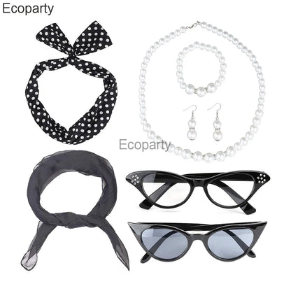 1950's Costume Accessories For Women Retro Polka Dot Headband Necklace Chiffon Scarf Eyeglasses Earrings Set Girls Party Outfits