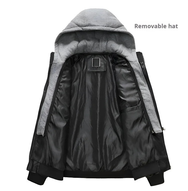 Men Leather Jacket Warm Autumn Winter Windbreaker Overcoat PU Biker Jacket Coat With Hood Fashion Casual Jacket Male Clothes