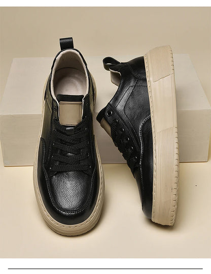 Genuine Leather Men's Casual Shoes, Thick-soled, Anti-slip, Wear-resistant, Height-increasing, Street Fashion, Retro Board Shoes
