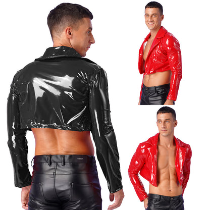Mens Wet Look Long Sleeve Latex Cropped Coat Pole Dance Rave Cosplay Party Clubwear Lapel Patent Leather Jacket Motorcycle Coats