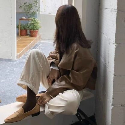 Sweet Lapel Collar Leather Jacket Women Outerwear Korean Chic Vintage PU Coats Retro Windbreaker Jackets Streetwear